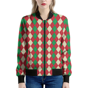 Christmas Themed Argyle Pattern Print Women's Bomber Jacket