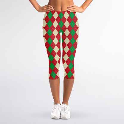 Christmas Themed Argyle Pattern Print Women's Capri Leggings