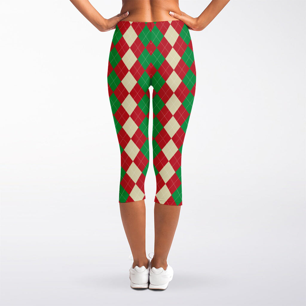 Christmas Themed Argyle Pattern Print Women's Capri Leggings