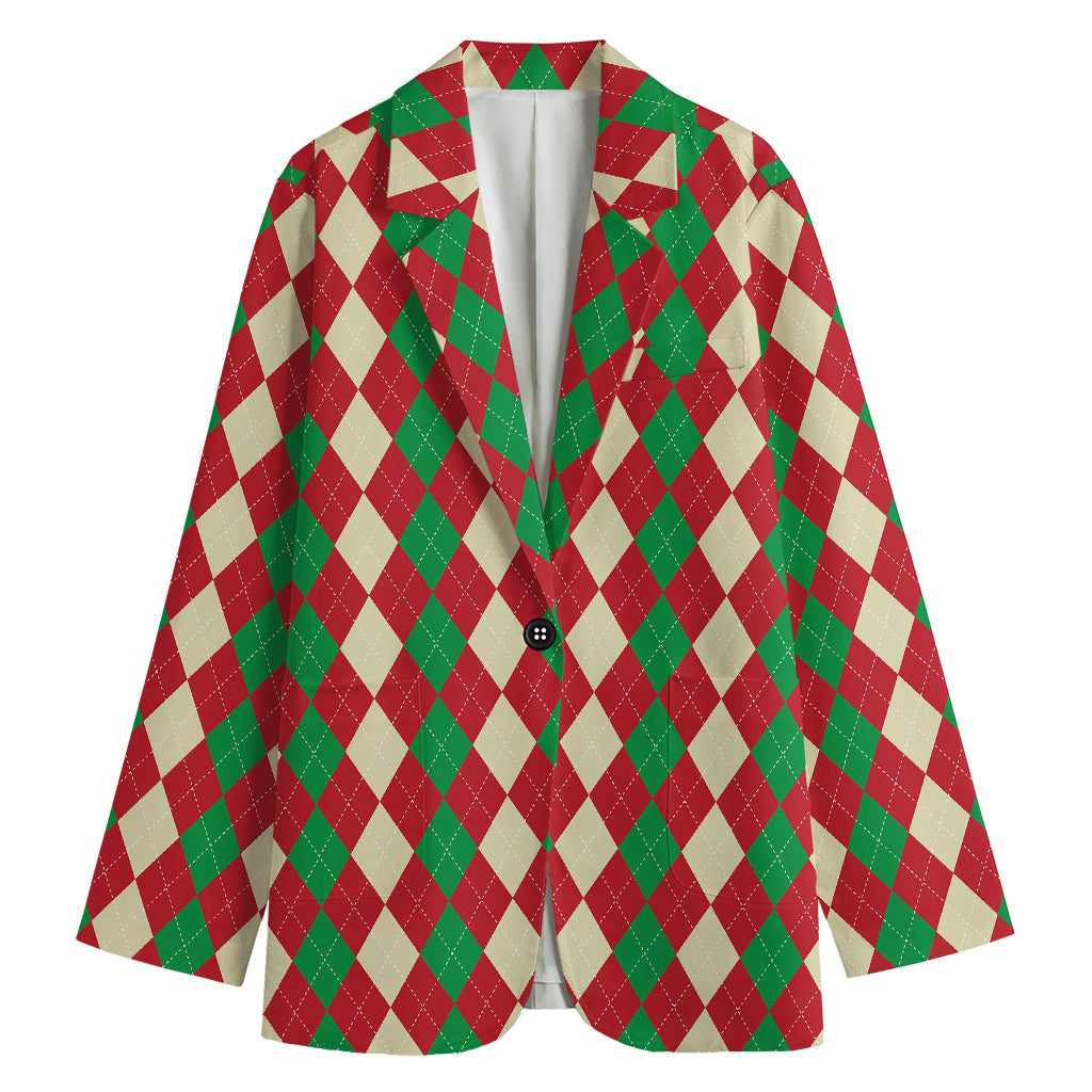 Christmas Themed Argyle Pattern Print Women's Cotton Blazer