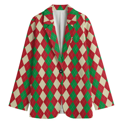 Christmas Themed Argyle Pattern Print Women's Cotton Blazer