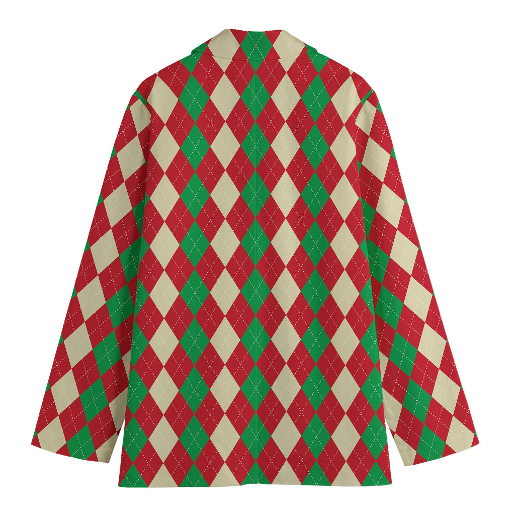 Christmas Themed Argyle Pattern Print Women's Cotton Blazer