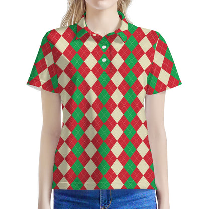 Christmas Themed Argyle Pattern Print Women's Polo Shirt