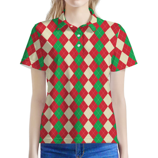 Christmas Themed Argyle Pattern Print Women's Polo Shirt