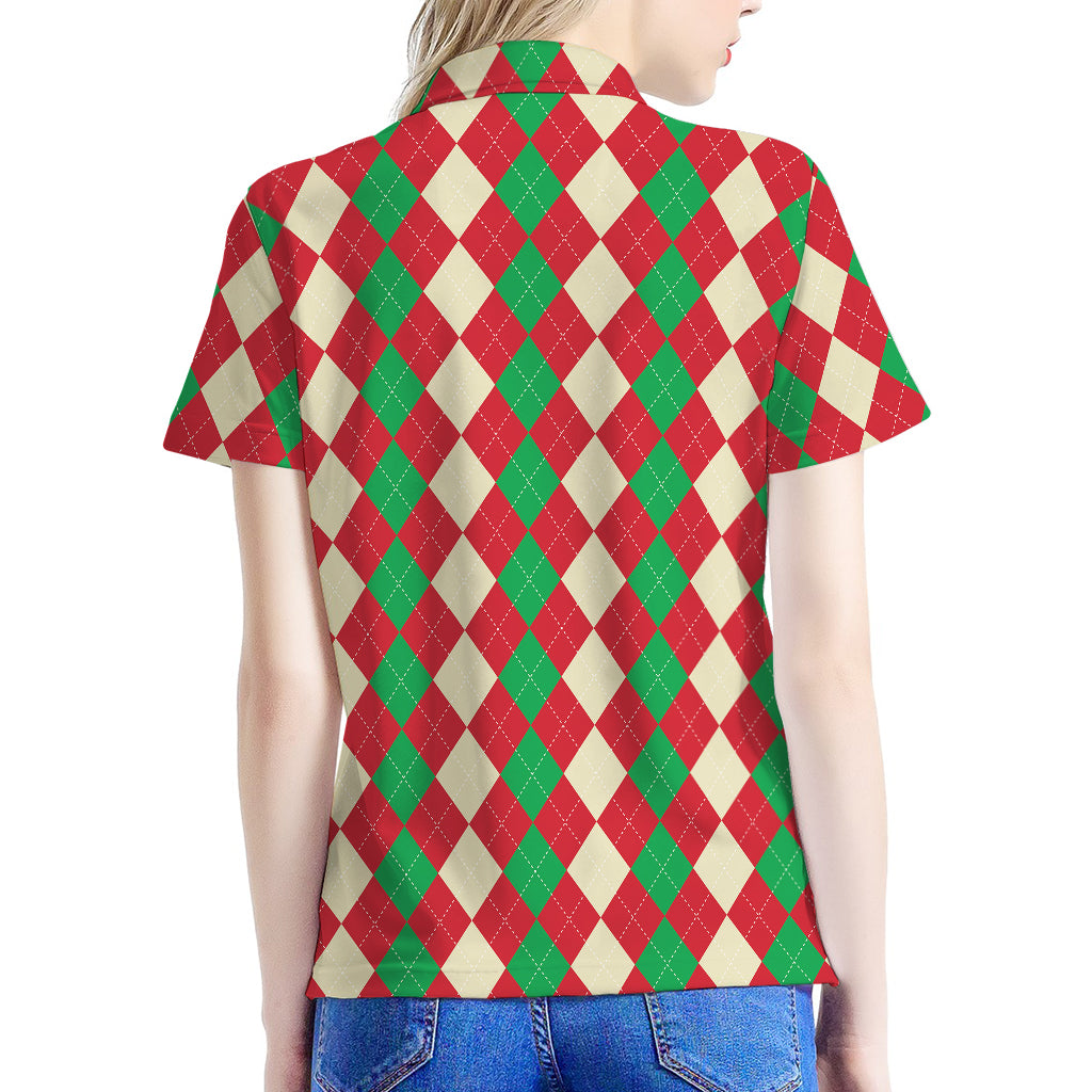 Christmas Themed Argyle Pattern Print Women's Polo Shirt