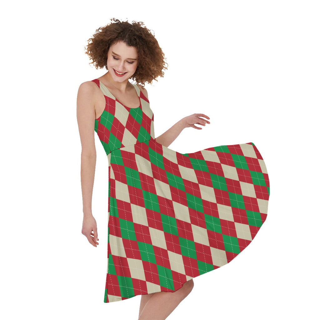 Christmas Themed Argyle Pattern Print Women's Sleeveless Dress