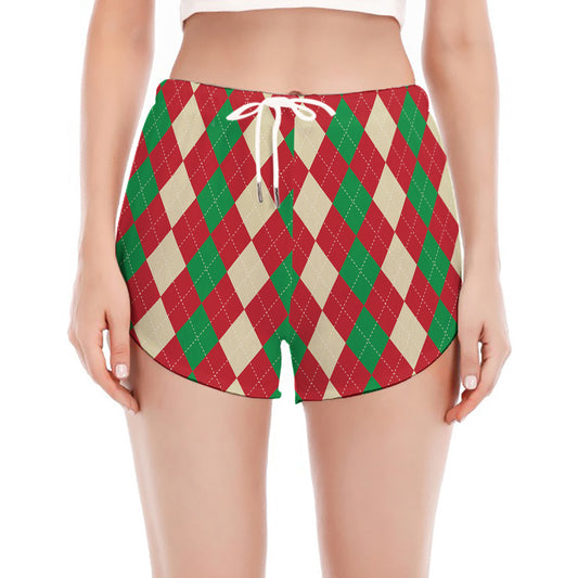 Christmas Themed Argyle Pattern Print Women's Split Running Shorts