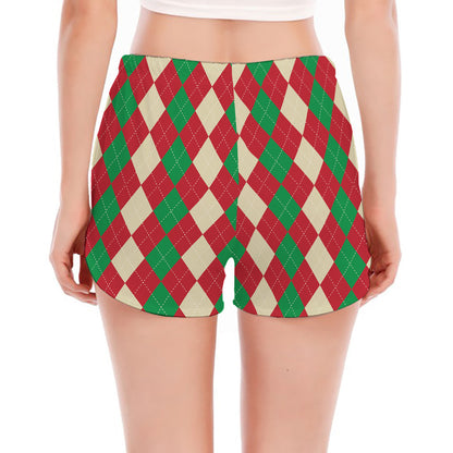 Christmas Themed Argyle Pattern Print Women's Split Running Shorts