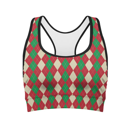 Christmas Themed Argyle Pattern Print Women's Sports Bra