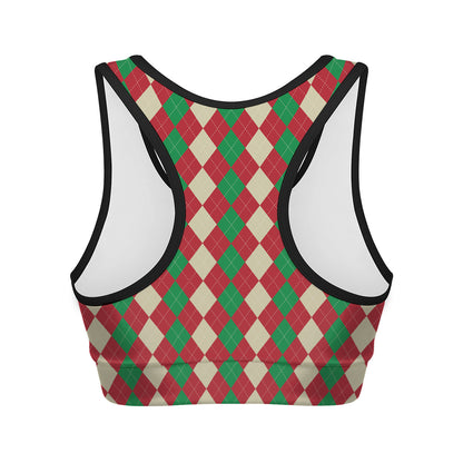 Christmas Themed Argyle Pattern Print Women's Sports Bra
