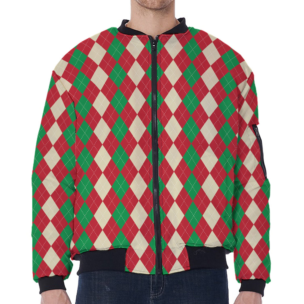 Christmas Themed Argyle Pattern Print Zip Sleeve Bomber Jacket