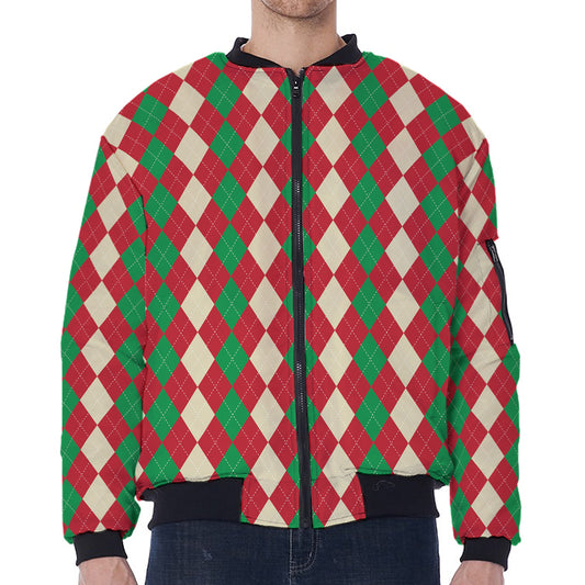 Christmas Themed Argyle Pattern Print Zip Sleeve Bomber Jacket