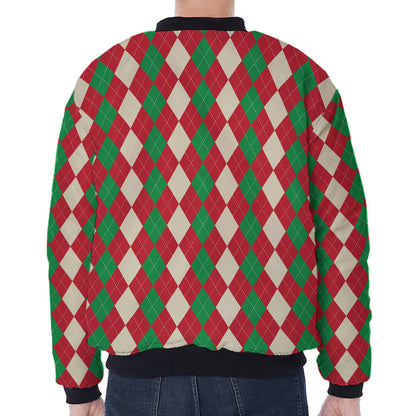Christmas Themed Argyle Pattern Print Zip Sleeve Bomber Jacket
