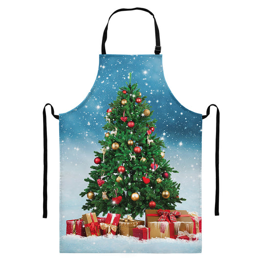 Christmas Tree And Snow Print Bib Apron With Pocket