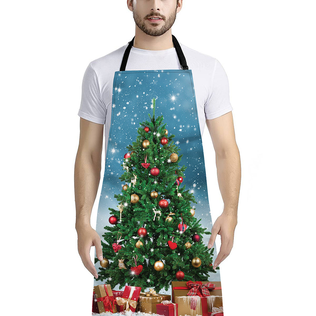 Christmas Tree And Snow Print Bib Apron With Pocket