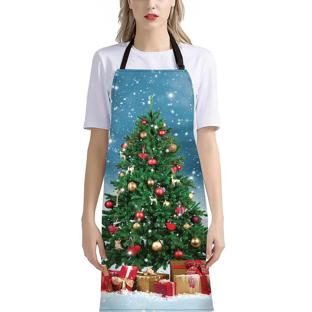 Christmas Tree And Snow Print Bib Apron With Pocket