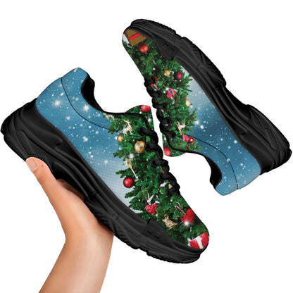 Christmas Tree And Snow Print Black Chunky Shoes