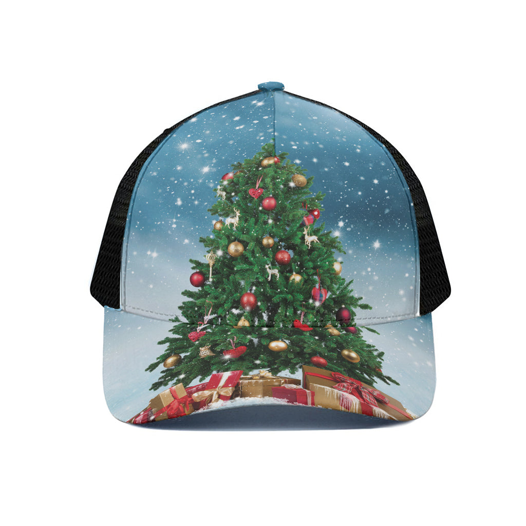 Christmas Tree And Snow Print Black Mesh Trucker Cap