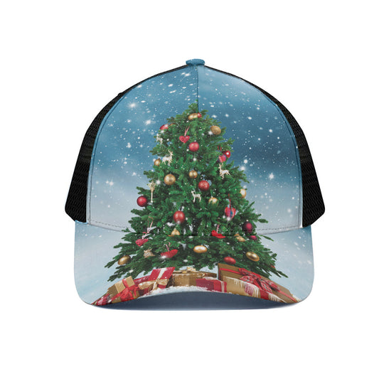 Christmas Tree And Snow Print Black Mesh Trucker Cap