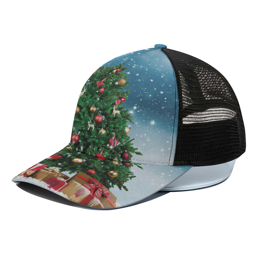 Christmas Tree And Snow Print Black Mesh Trucker Cap