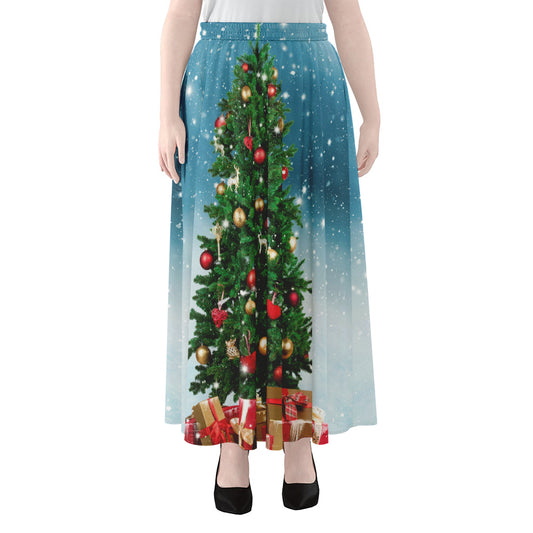 Christmas Tree And Snow Print Chiffon Maxi Skirt