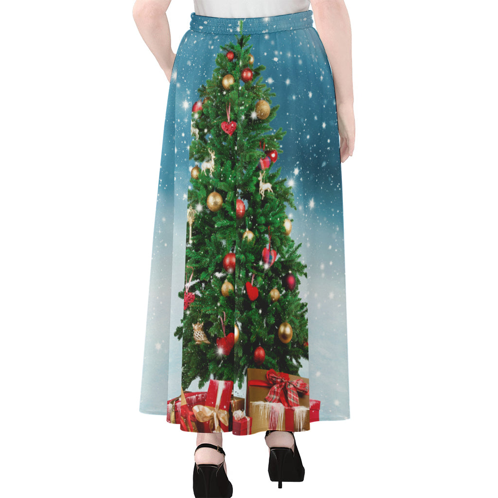 Christmas Tree And Snow Print Chiffon Maxi Skirt