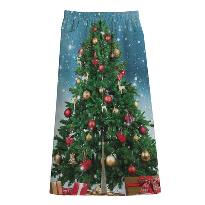 Christmas Tree And Snow Print Cotton Front Slit Maxi Skirt
