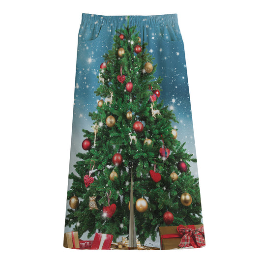 Christmas Tree And Snow Print Cotton Front Slit Maxi Skirt