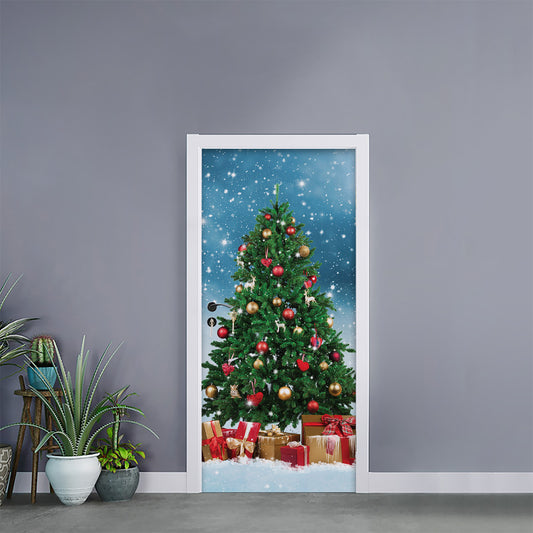 Christmas Tree And Snow Print Door Sticker
