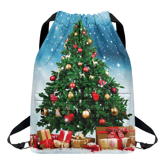 Christmas Tree And Snow Print Drawstring Backpack