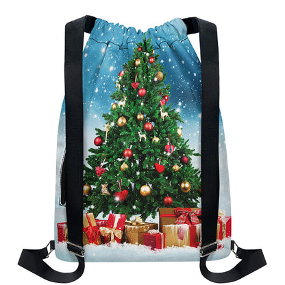 Christmas Tree And Snow Print Drawstring Backpack