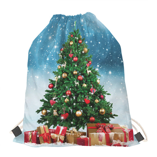Christmas Tree And Snow Print Drawstring Bag