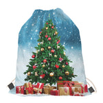 Christmas Tree And Snow Print Drawstring Bag
