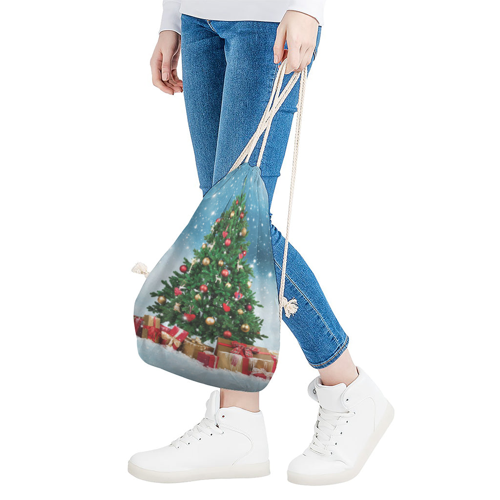 Christmas Tree And Snow Print Drawstring Bag