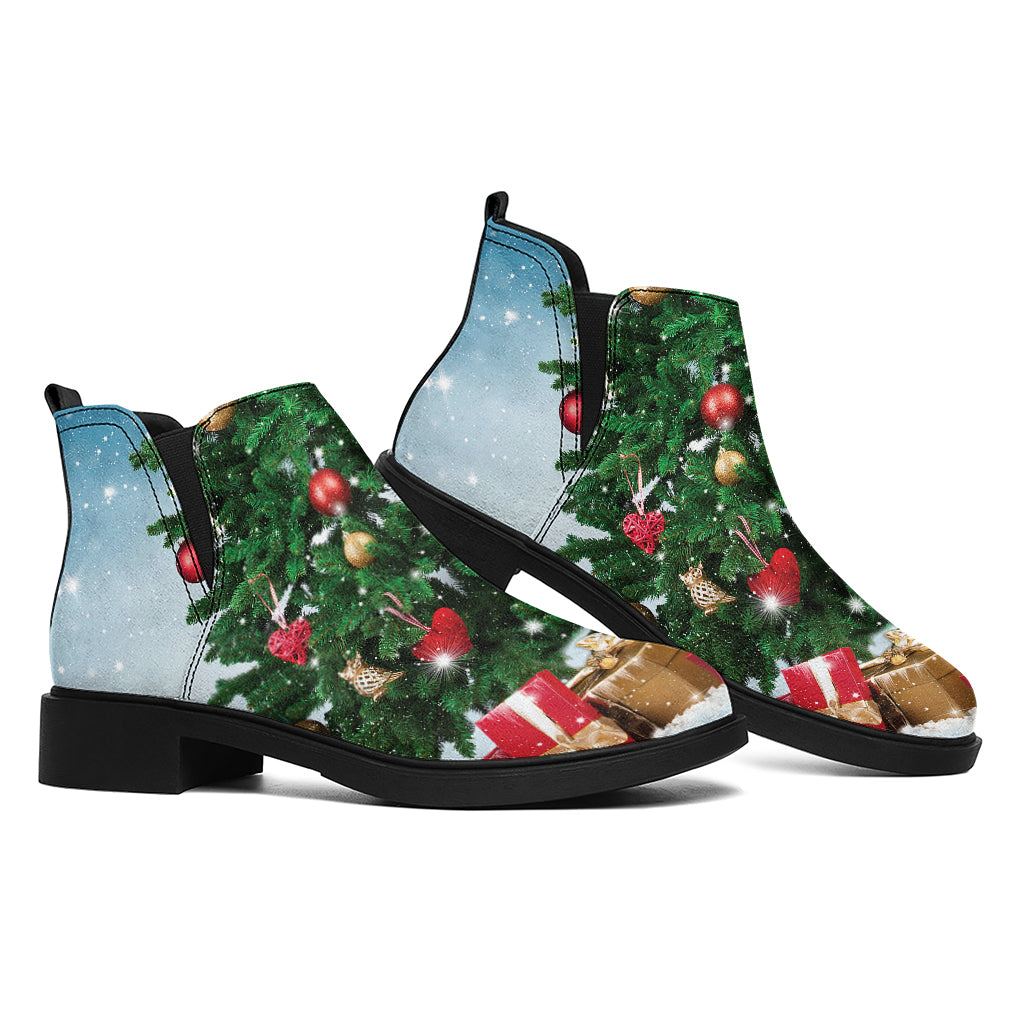 Christmas Tree And Snow Print Flat Ankle Boots