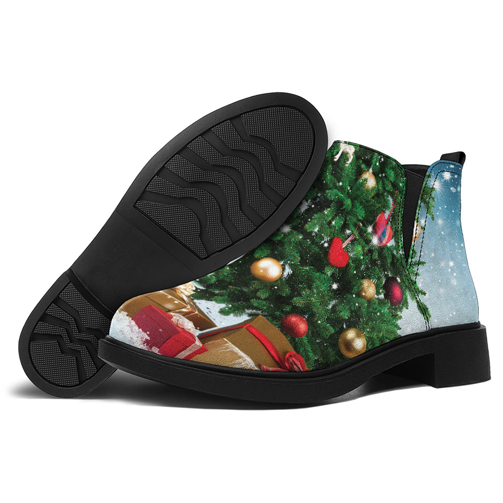 Christmas Tree And Snow Print Flat Ankle Boots