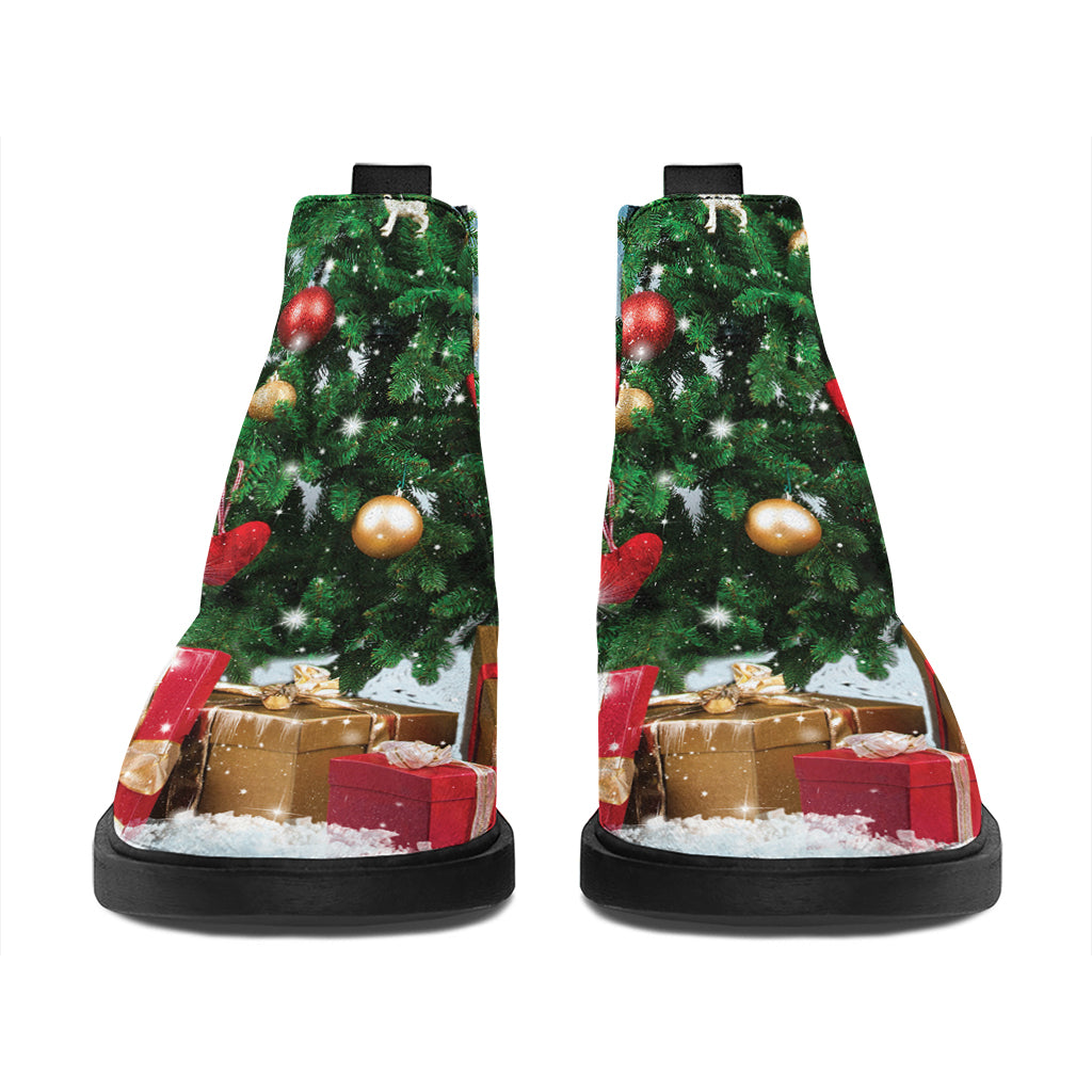 Christmas Tree And Snow Print Flat Ankle Boots