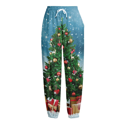 Christmas Tree And Snow Print Fleece Lined Knit Pants