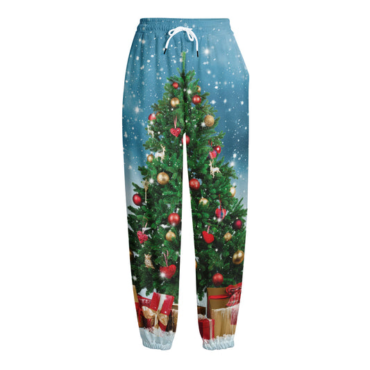 Christmas Tree And Snow Print Fleece Lined Knit Pants