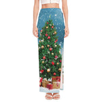 Christmas Tree And Snow Print High Slit Maxi Skirt
