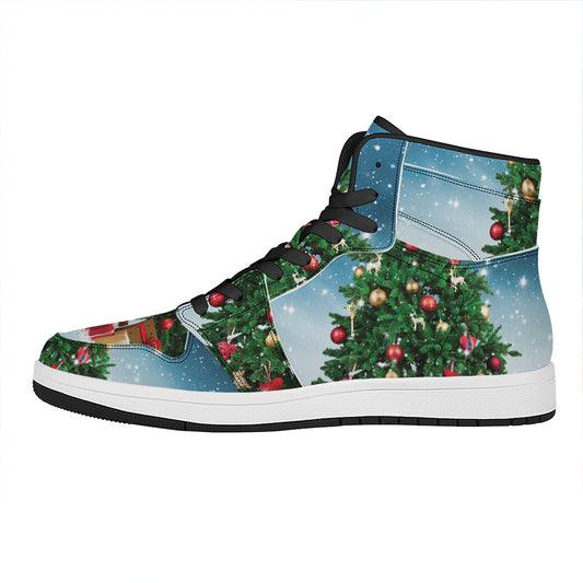 Christmas Tree And Snow Print High Top Leather Sneakers