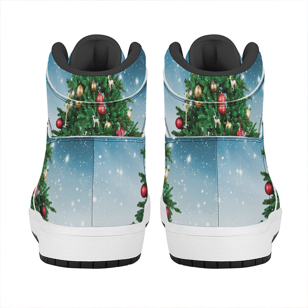 Christmas Tree And Snow Print High Top Leather Sneakers