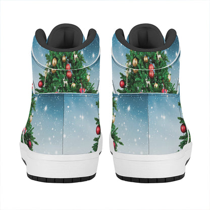 Christmas Tree And Snow Print High Top Leather Sneakers