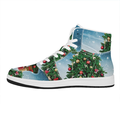 Christmas Tree And Snow Print High Top Leather Sneakers