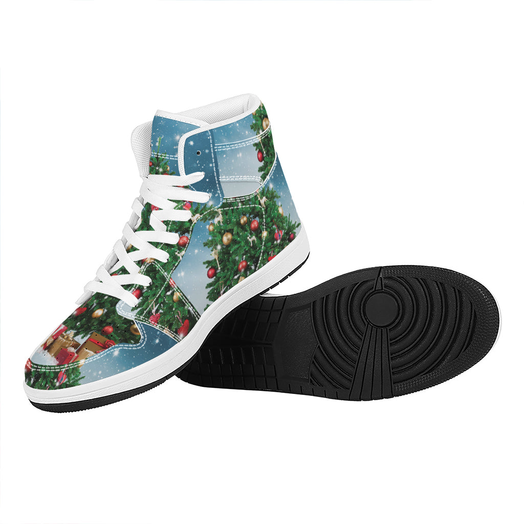 Christmas Tree And Snow Print High Top Leather Sneakers