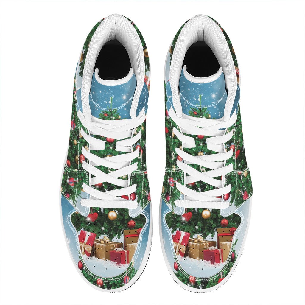 Christmas Tree And Snow Print High Top Leather Sneakers