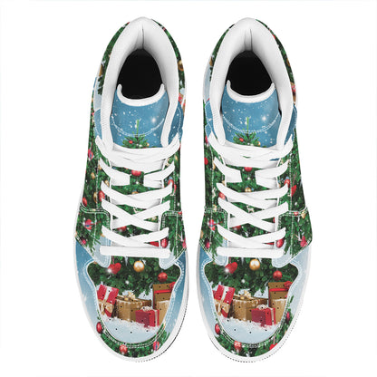 Christmas Tree And Snow Print High Top Leather Sneakers