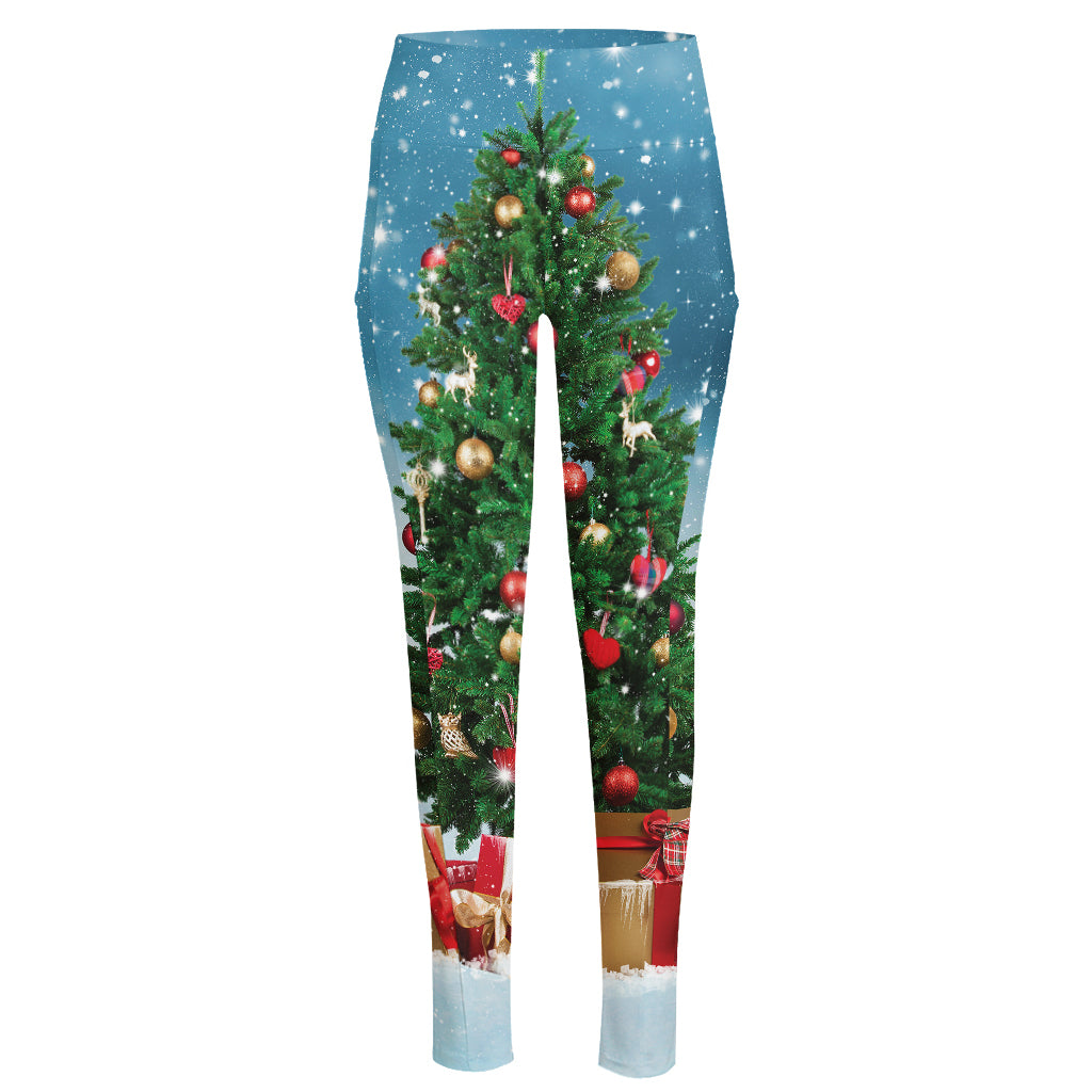 Christmas Tree And Snow Print High-Waisted Pocket Leggings