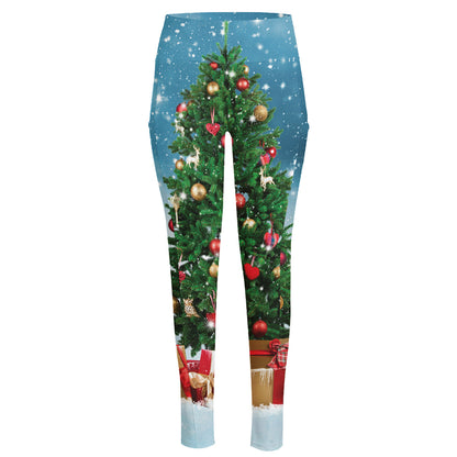 Christmas Tree And Snow Print High-Waisted Pocket Leggings