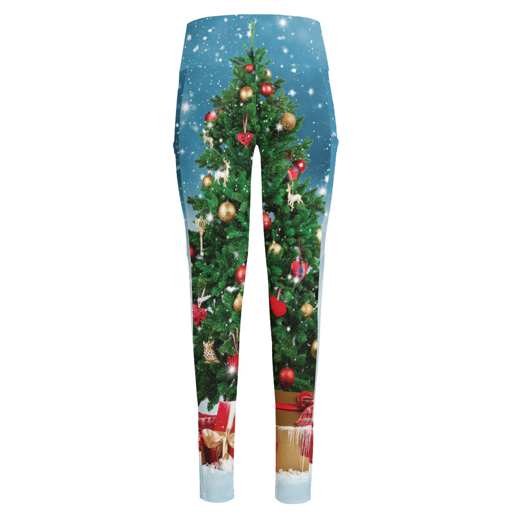 Christmas Tree And Snow Print High-Waisted Pocket Leggings